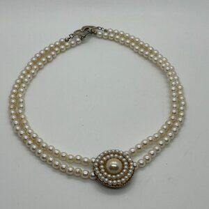Vintage Faux Pearl Choker Double Strand Acrylic Necklace With Pendant Prom Forma